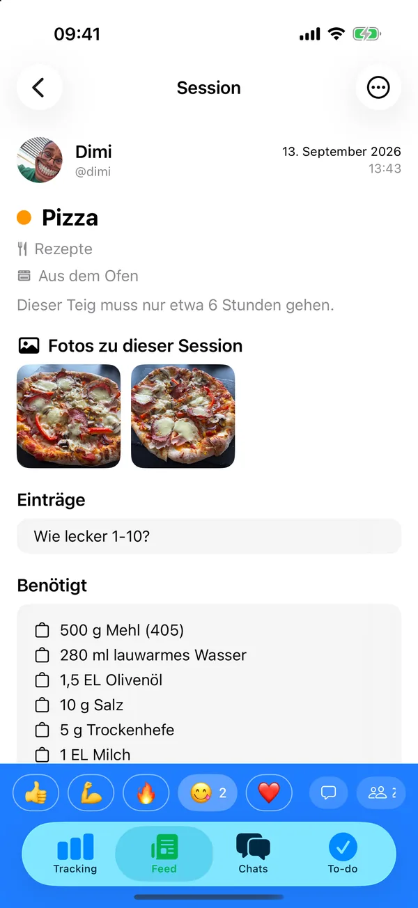 trackit! – Pizza-Session eines Freundes mit Fotos und Zutaten